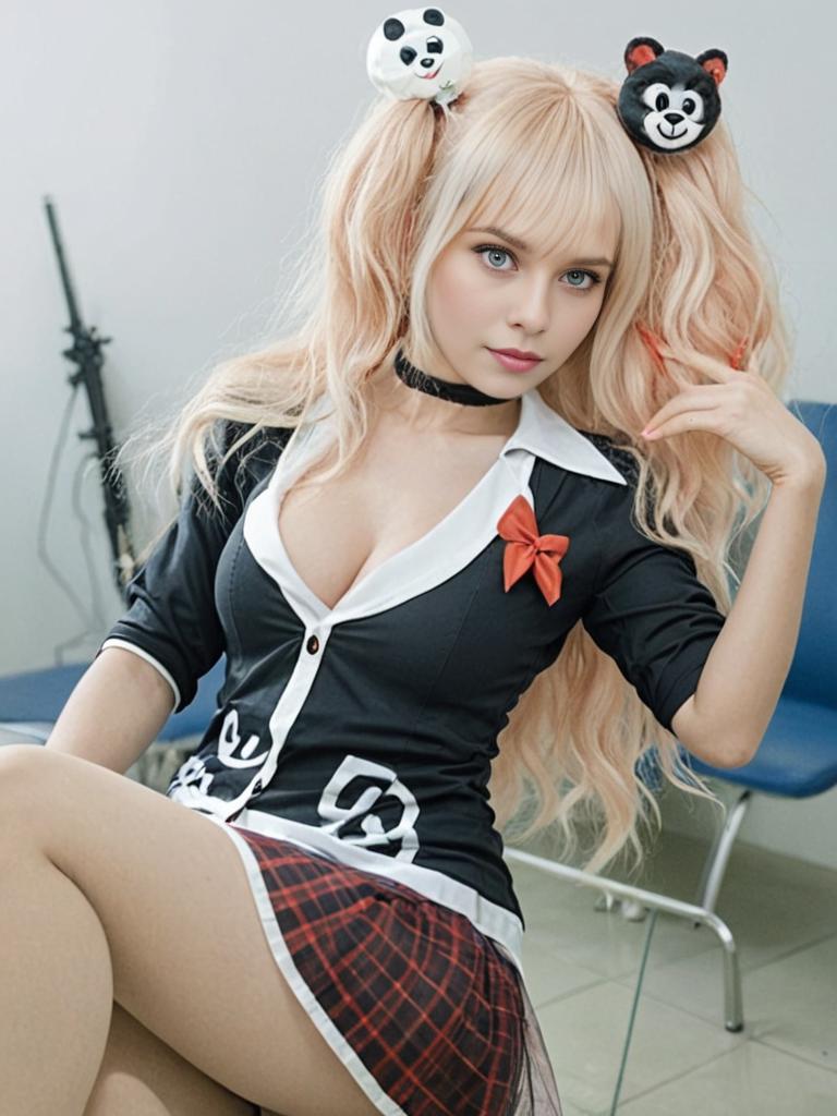 Junko Enoshima Cosplay with Bow and Pigtails