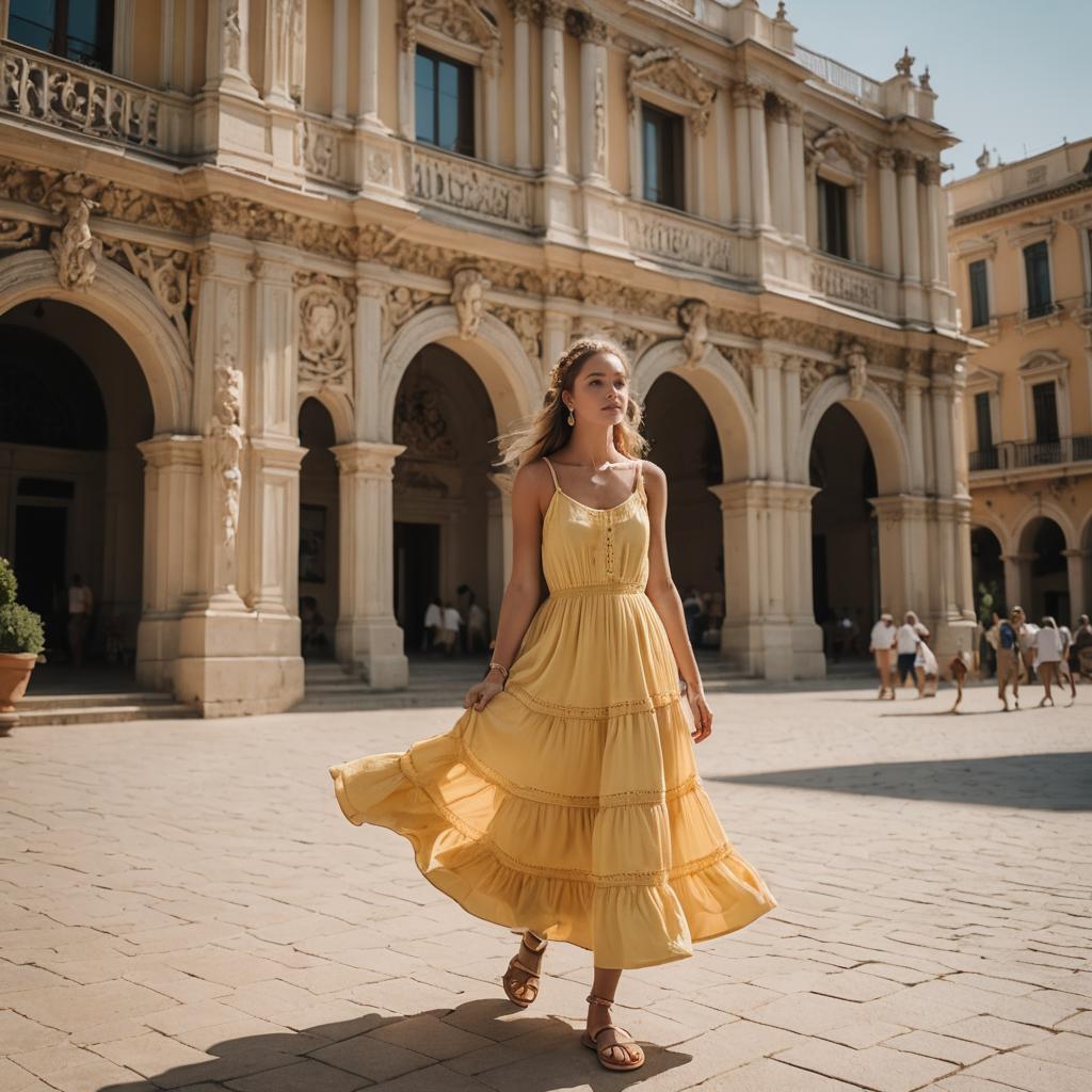 Young Woman in Flowing Yellow Dress Walking by Historic Archway