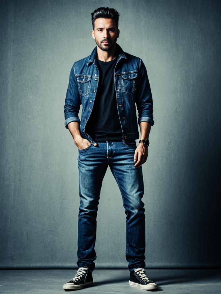 Stylish Man in Denim Jacket and Jeans Fashion Portrait