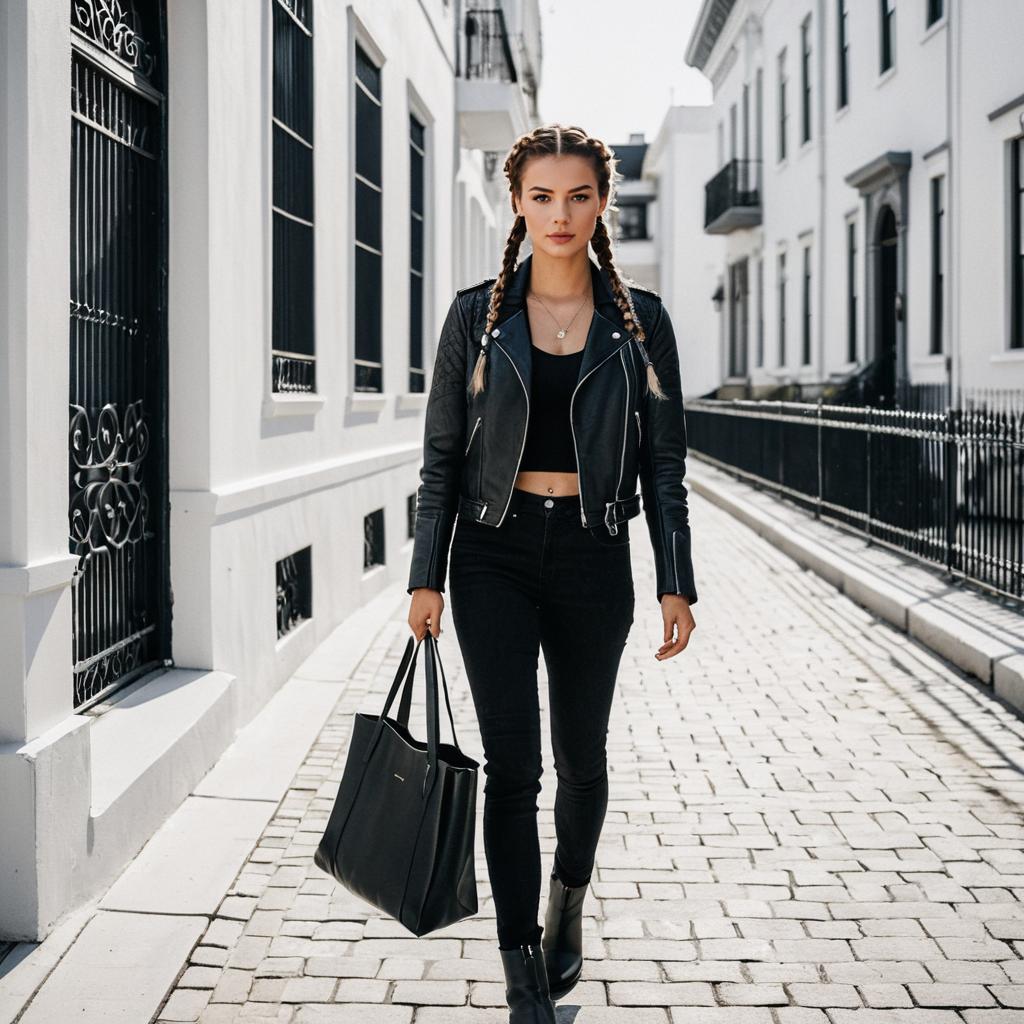 Young Woman in Black Leather Jacket Walking on Stylish Urban Street