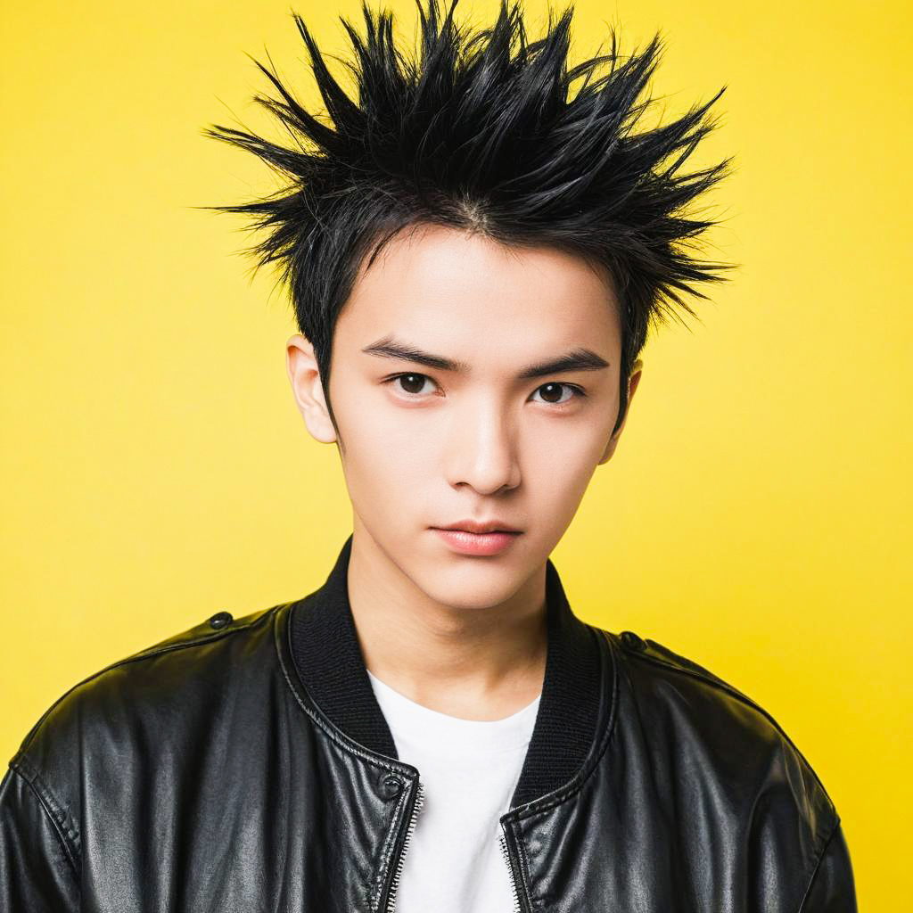 Young Man in Black Leather Jacket Against Yellow Background