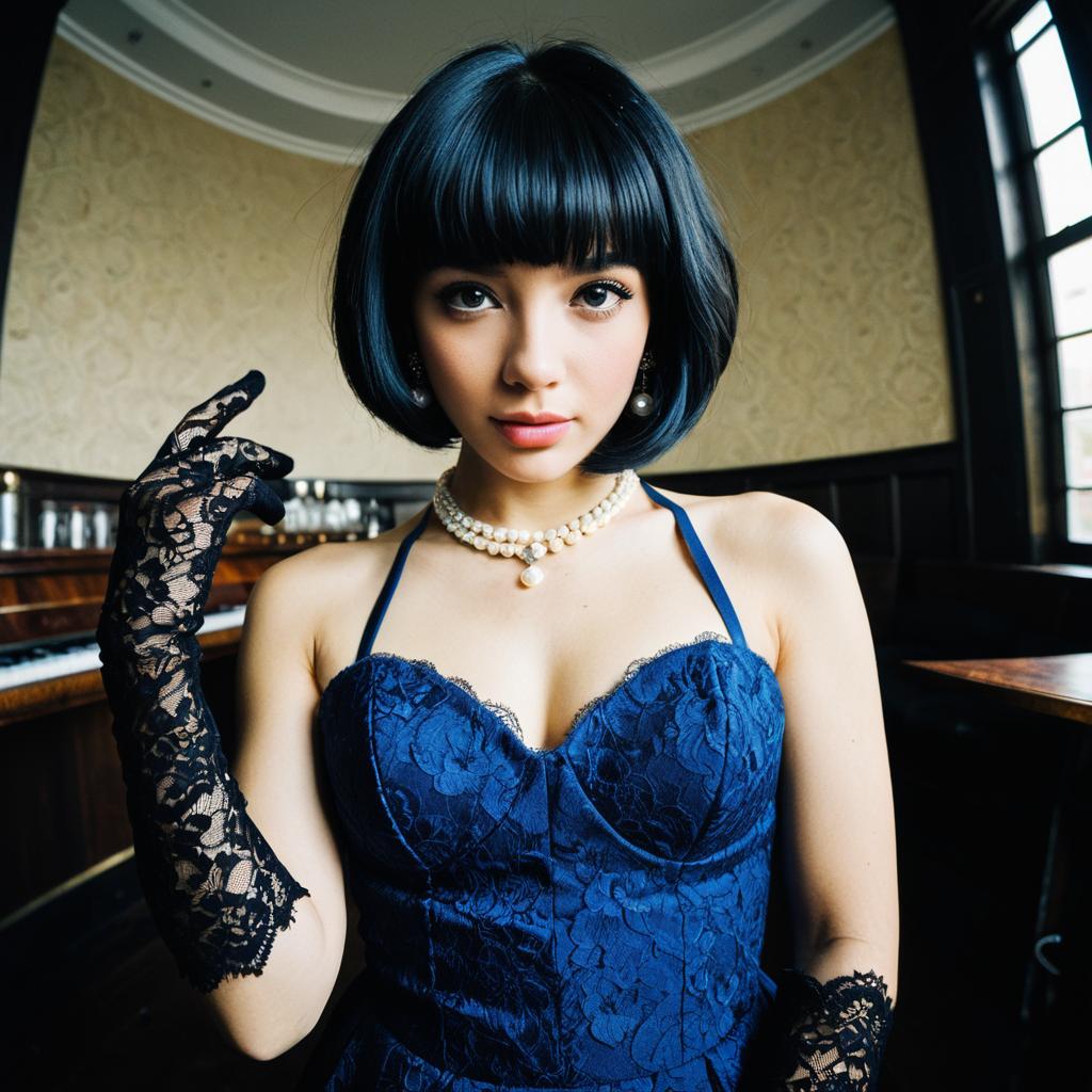 Elegant Woman in Dark Blue Lace Dress with Pearl Necklace and Lace Gloves