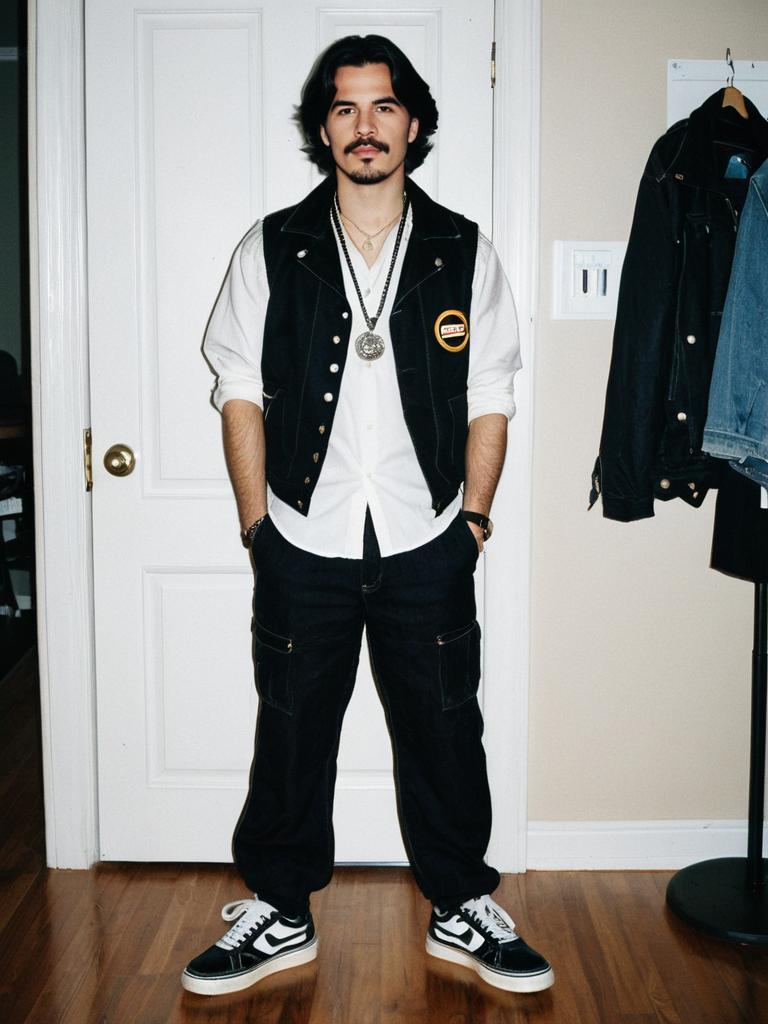 Man Wearing Baggy Outfit with Black Vest and Cargo Pants Indoor