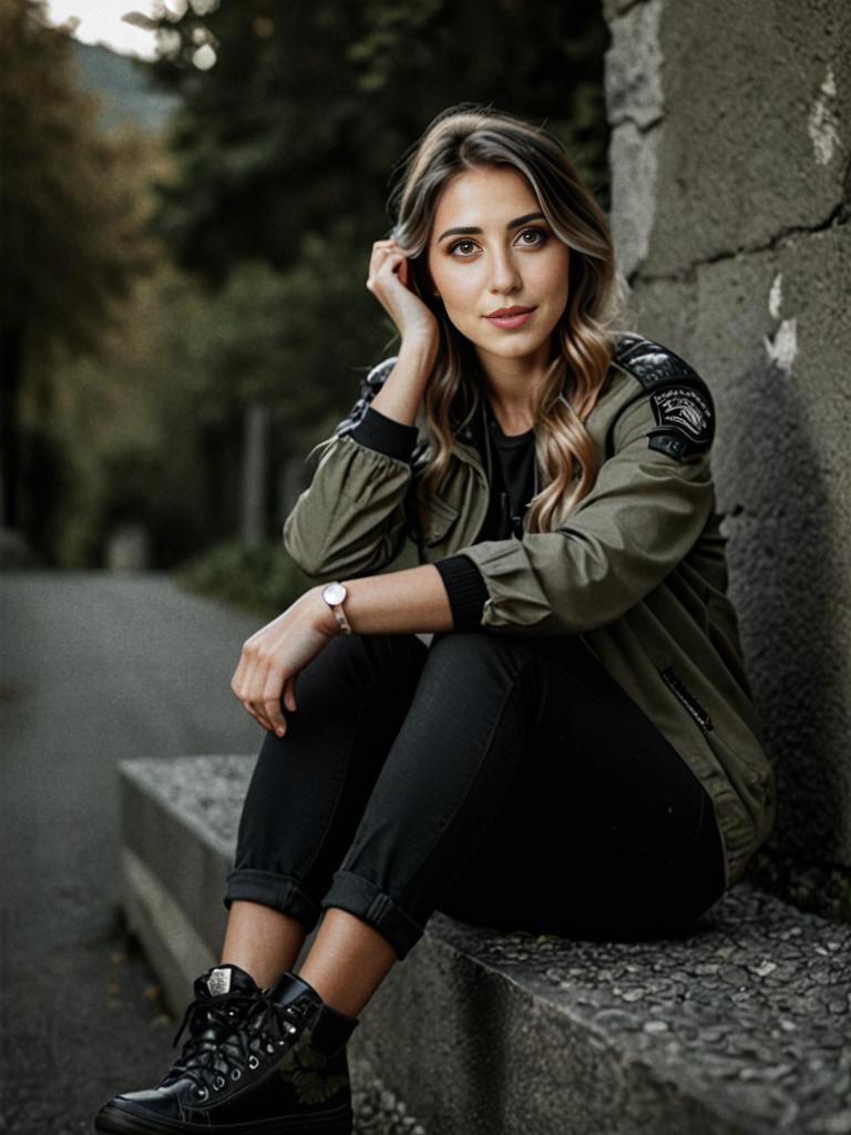 Stylish Young Woman in Olive Green Bomber Jacket