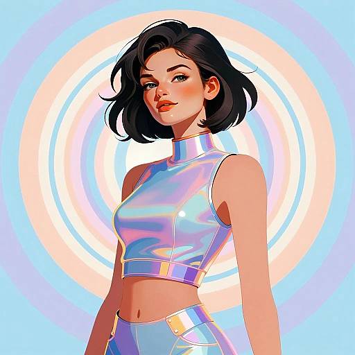 Stylish Woman in Holographic Crop Top with Pastel Spiral Background Digital Illustration