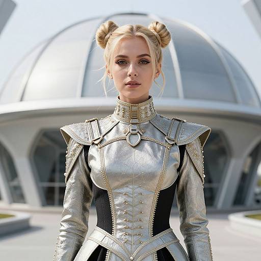 Futuristic Female Warrior in Silver Armor with Dome Background