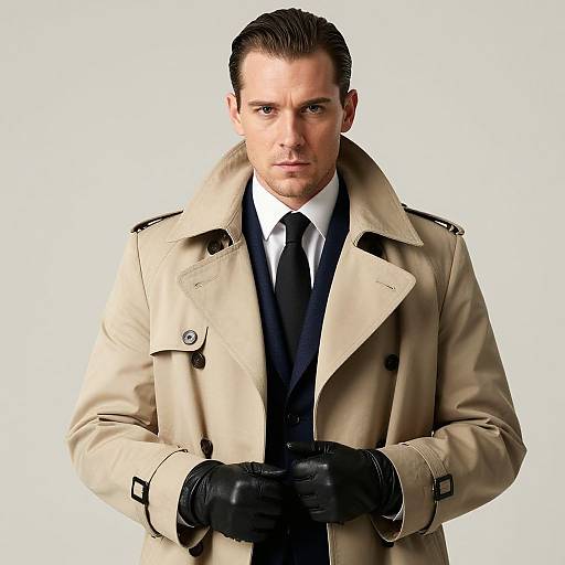 Man Wearing Beige Trench Coat and Black Leather Gloves