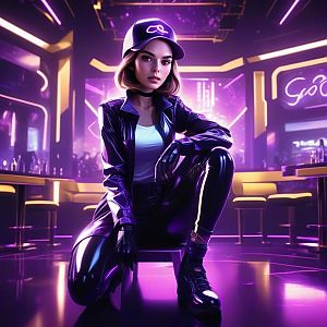 Confident Woman in Futuristic Neon Lounge