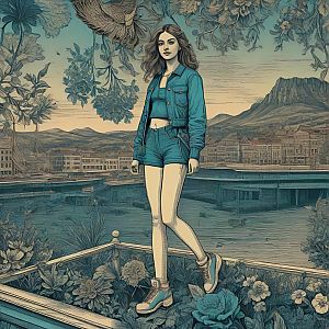 Confident Woman in Denim in Surreal Floral Landscape