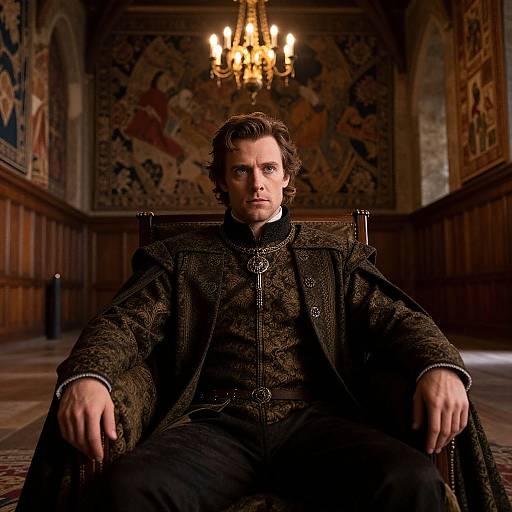 Man in Renaissance Costume Sitting in Ornate Chair in Historic Room