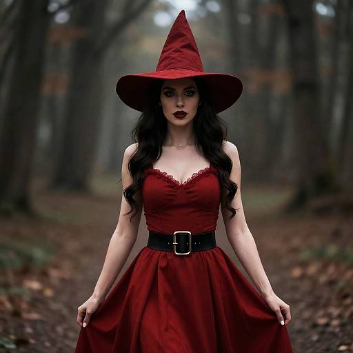 Red Witch Woman in Red Dress and Hat with Black Belt in Mystical Forest