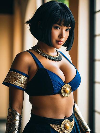 Regal Woman in Blue and Gold Costume with Armory Details