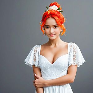 Young Woman with Orange Hair in White Lace Dress