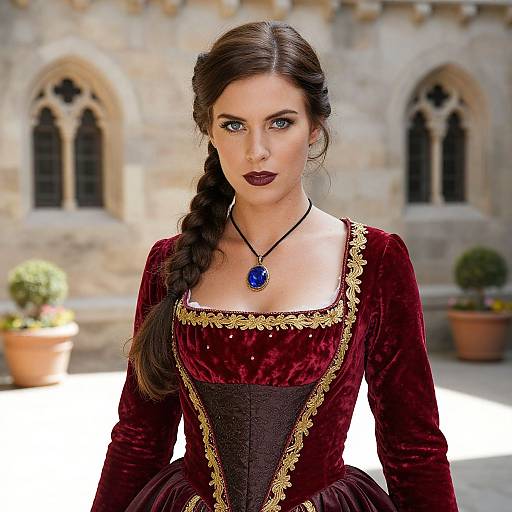 Woman in Renaissance Velvet Gown with Blue Pendant Necklace