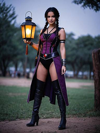 Mara Jade Cosplay Woman Holding Lantern in Purple Costume with Thigh High Boots