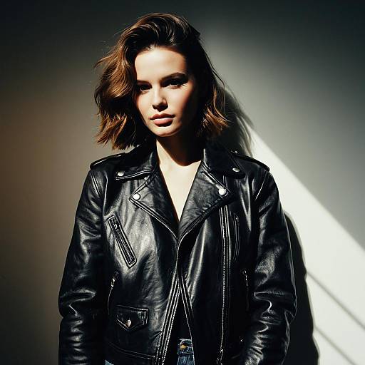 Portrait of Woman in Black Leather Jacket with Stylish Lighting