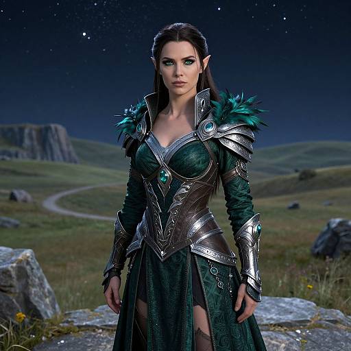 Fantasy Elf Woman Warrior in Ornate Armor under Starry Night Sky