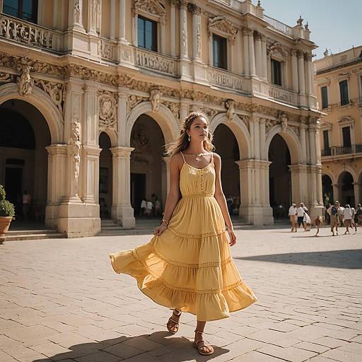 Young Woman in Flowing Yellow Dress Walking by Historic Archway