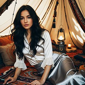 Woman in Elegant Bohemian Tent