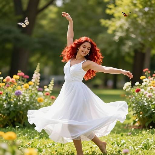Red-Haired Woman Dancing in White Dress in Colorful Garden