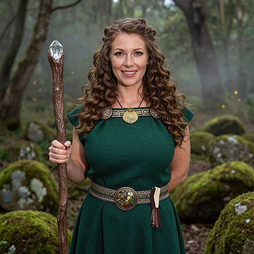 Woman in Green Medieval Dress Holding Crystal Staff in Forest