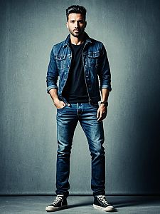 Stylish Man in Denim Jacket and Jeans Fashion Portrait