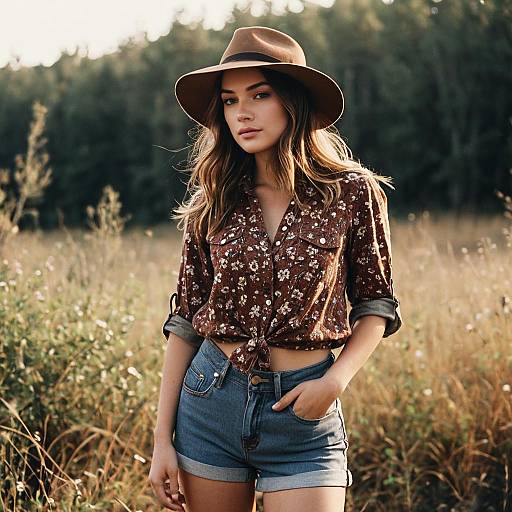 Boho Chic Woman in Floral Shirt and Denim Shorts Outdoors