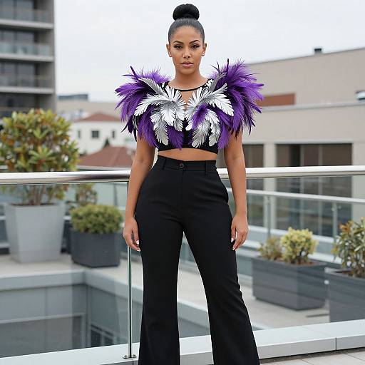 Woman in Black Pants and Feathered Crop Top Outdoor Fashion