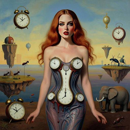 Surrealist Woman with Melting Clock Corset in Dreamlike Landscape