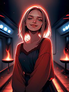 Young Woman in Futuristic Corridor with Flames