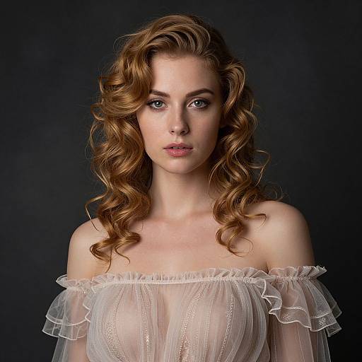 Portrait of Woman with Curly Hair in Sheer Off-Shoulder Dress