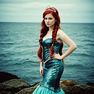 Woman with Red Hair in Teal Dress on Rocky Shore