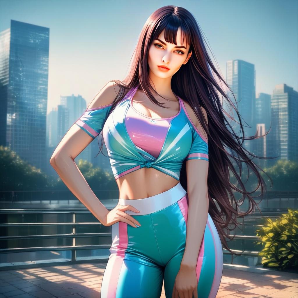 Confident Woman in Vibrant Activewear Against Urban Skyscrapers