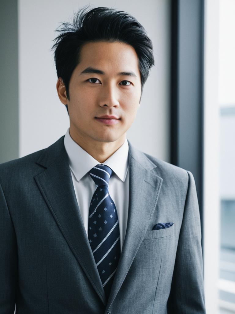Professional Asian Man in Grey Suit with Navy Tie in Modern Office