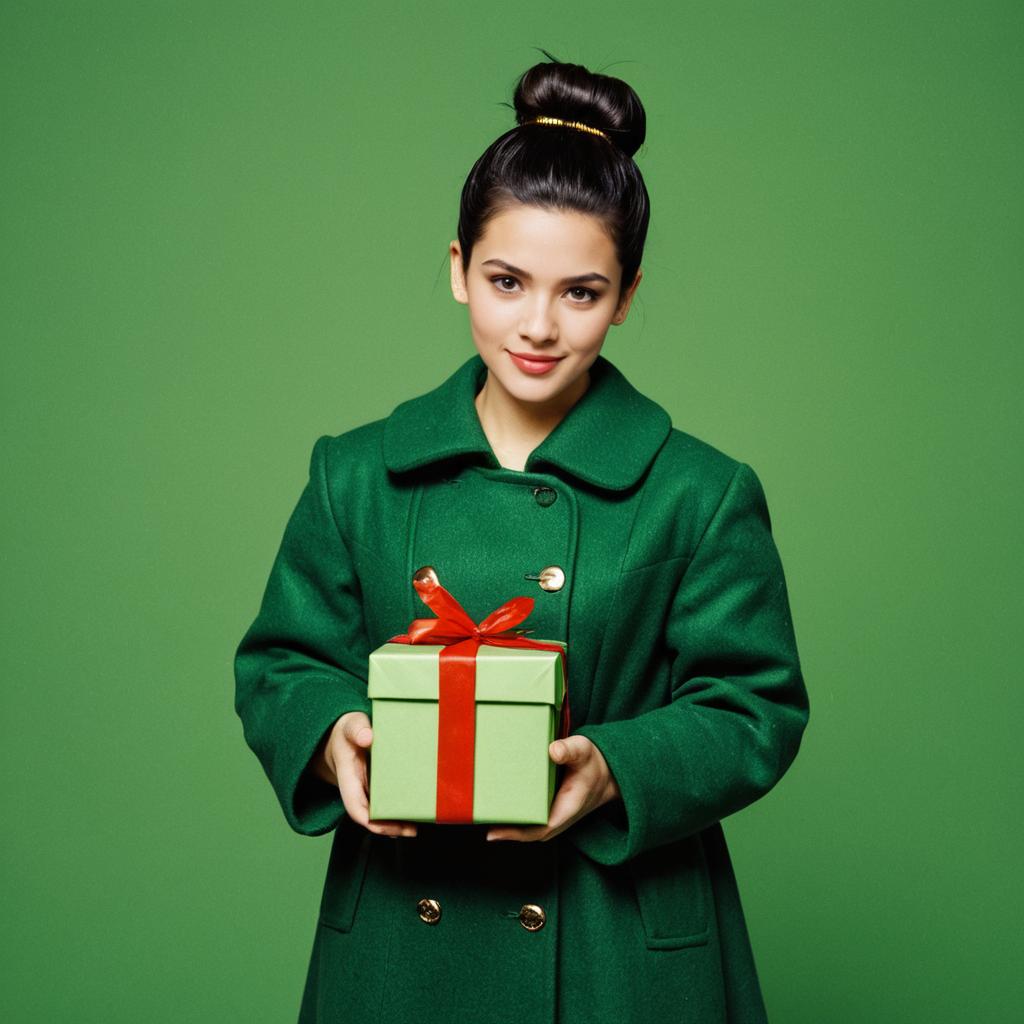 Woman in Green Coat Holding Christmas Gift Box on Green Background Woman in Green Coat Holding Christmas Gift Box on Green Background