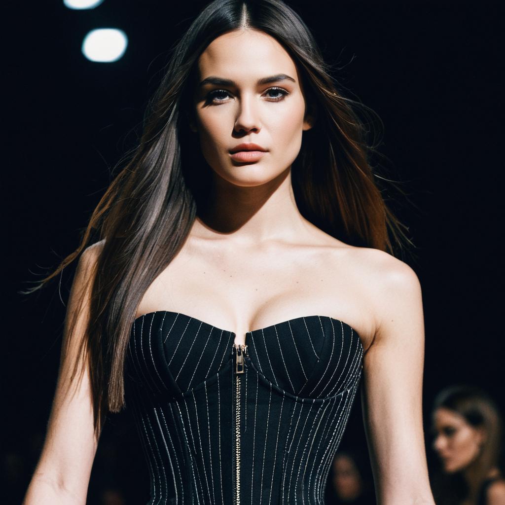 Confident Woman in Black Corset Dress on Runway