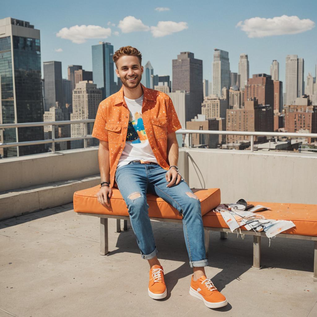 Stylish man on orange bench with city skyline