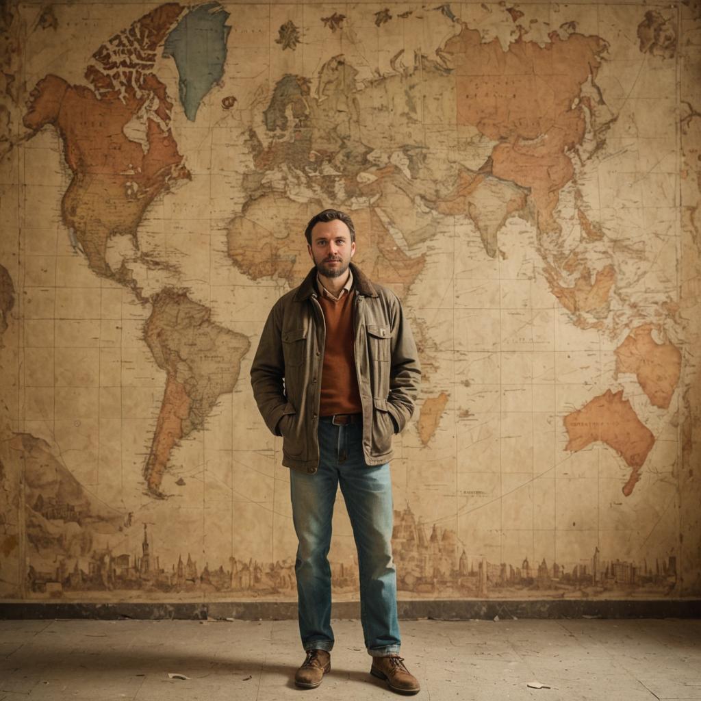 Man in front of antique world map, exuding adventure