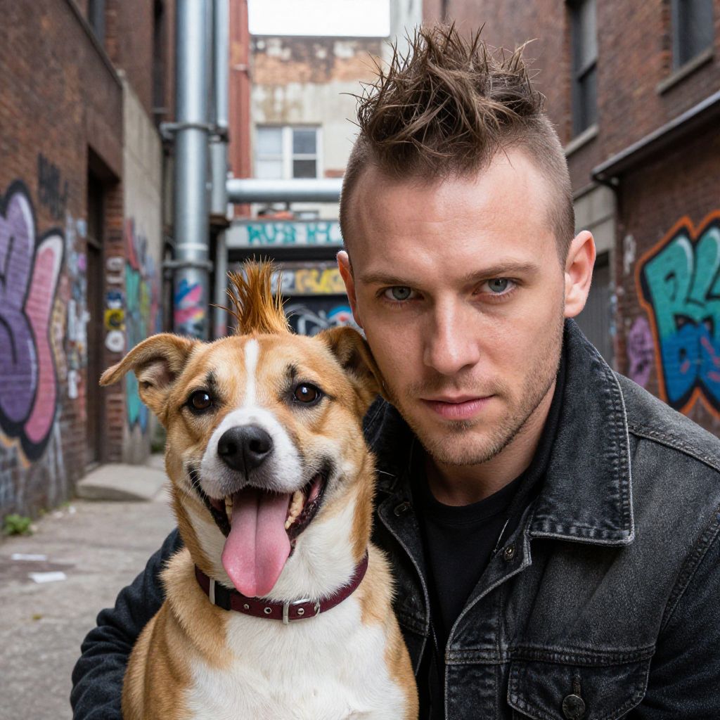 Young Man with Mohawk and Happy Dog in Urban Graffiti Alley