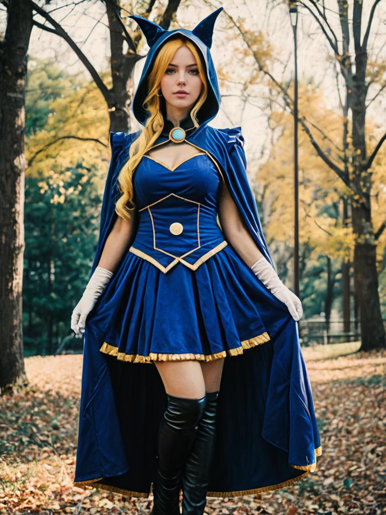 Sexy Luna Cosplay Woman Wearing Fantasy Hooded Costume Outdoors