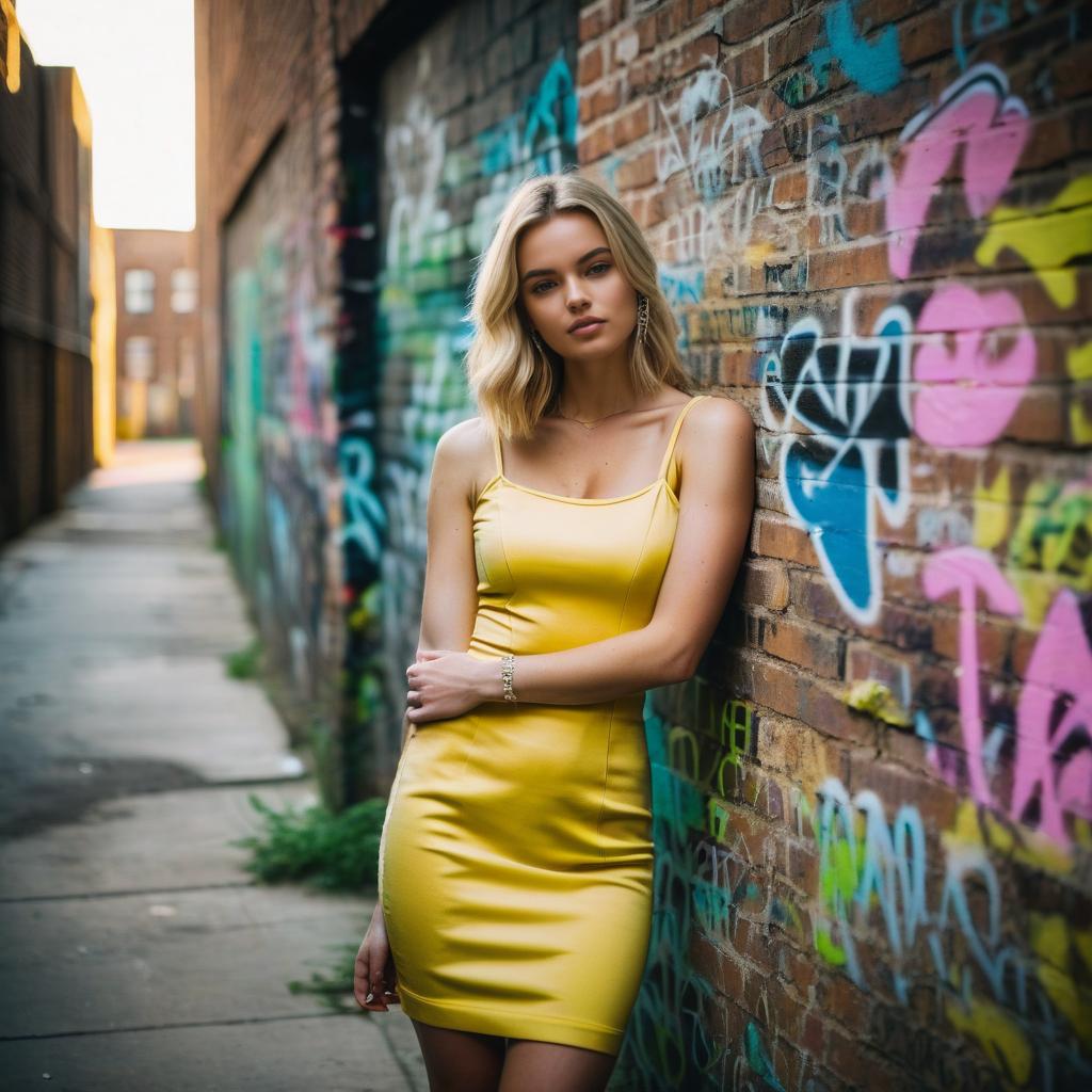 Young Woman in Yellow Dress Against Graffiti Wall Young Woman in Yellow Dress Against Graffiti Wall