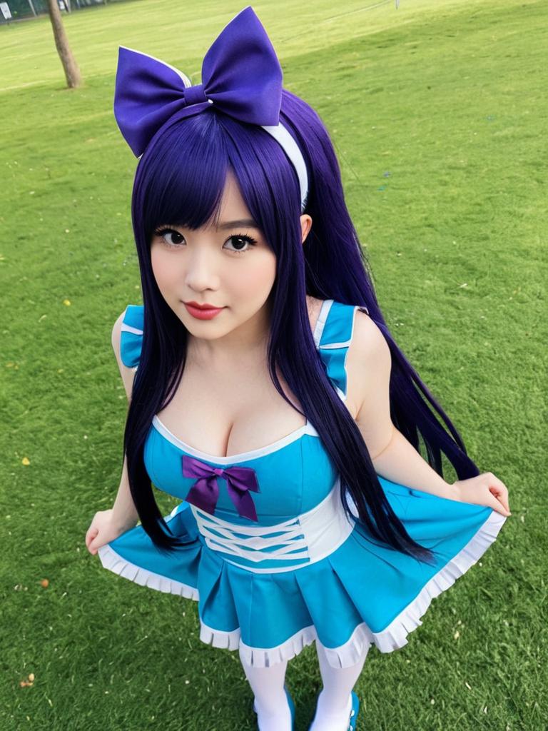 Woman in Blue Anime Cosplay with Purple Bow Outdoor