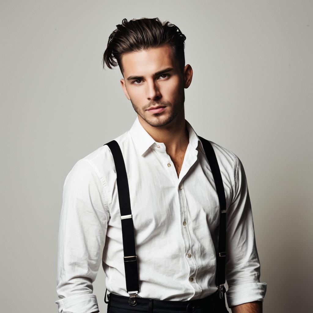 Stylish Young Man in White Shirt and Black Suspenders