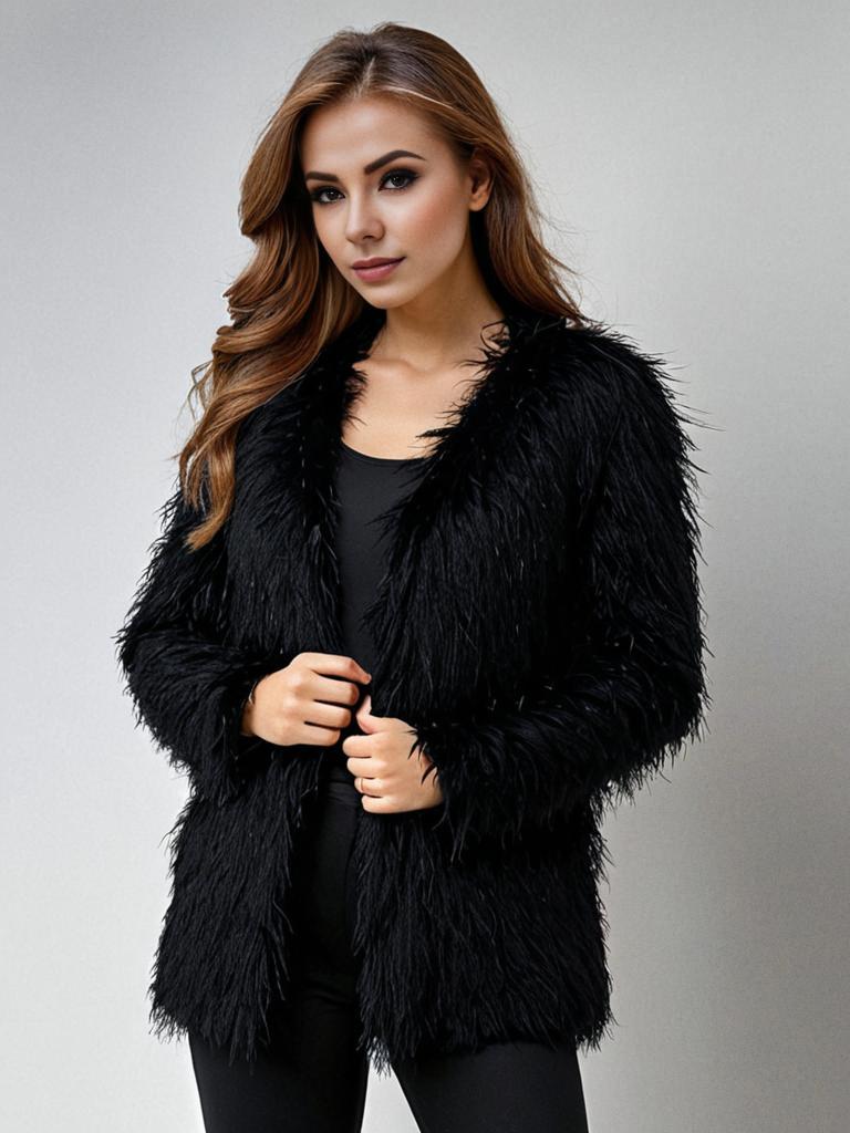 Fashionable Woman in Black Shaggy Coat