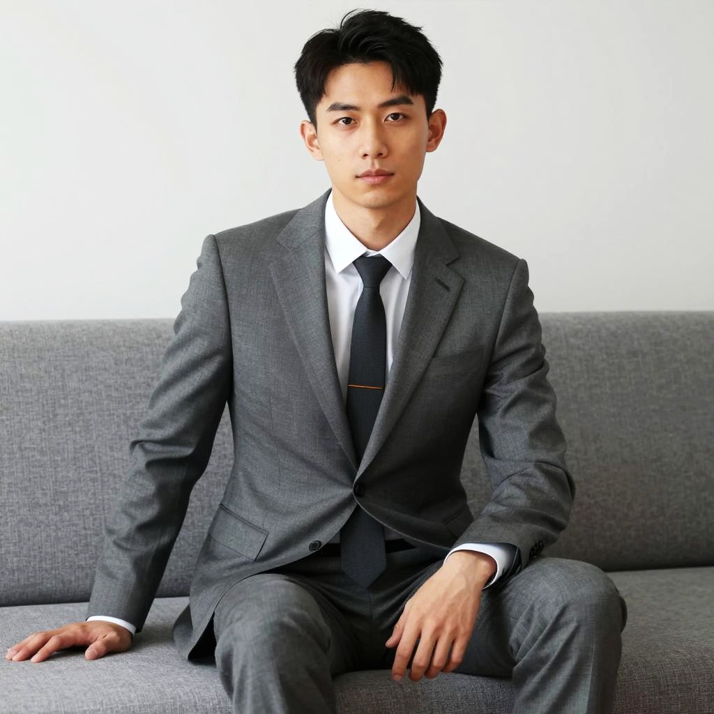 Young Man in Gray Suit Sitting on Sofa Corporate Style