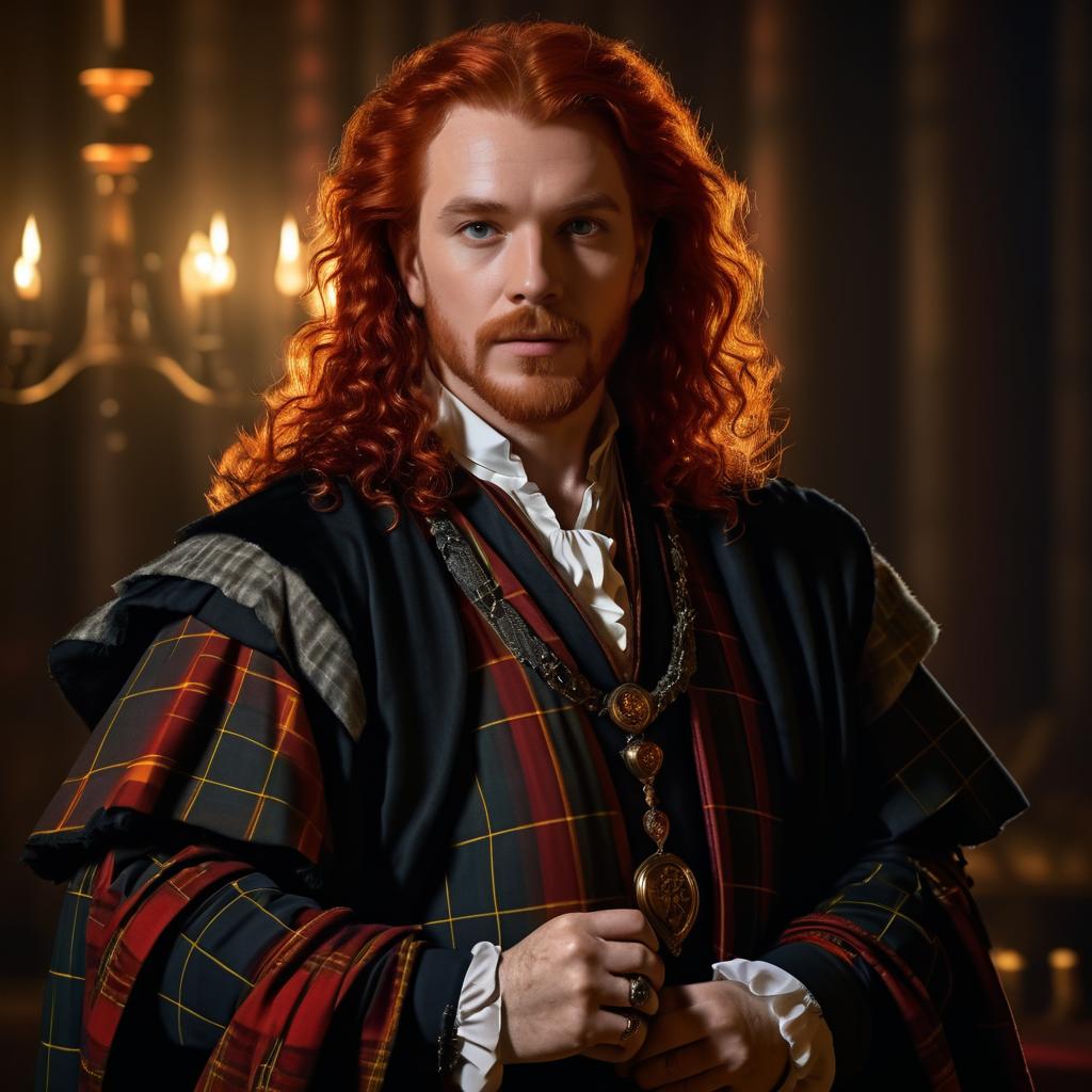 Man with Long Curly Red Hair in Ornate Costume