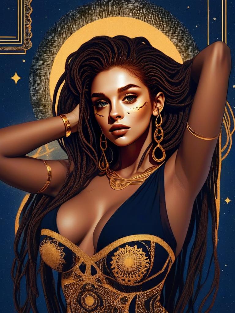 Confident Woman with Dreadlocks in Cosmic Background Confident Woman with Dreadlocks in Cosmic Background