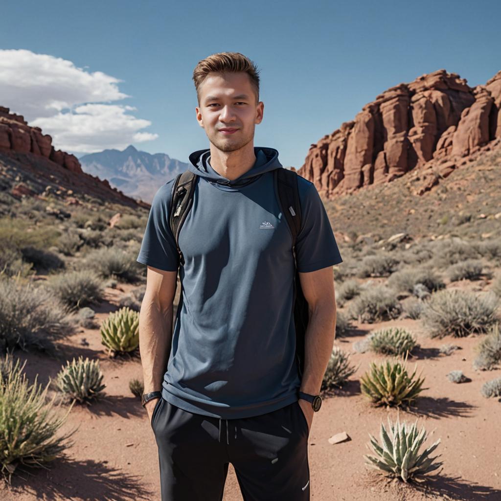 Man in Hiking Outfit in Desert Landscape