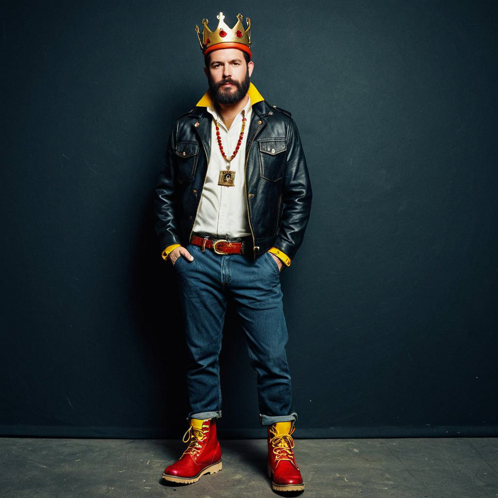 Confident Man in Black Leather Jacket with Crown Confident Man in Black Leather Jacket with Crown