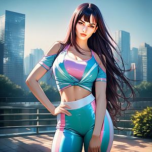 Confident Woman in Vibrant Activewear Against Urban Skyscrapers